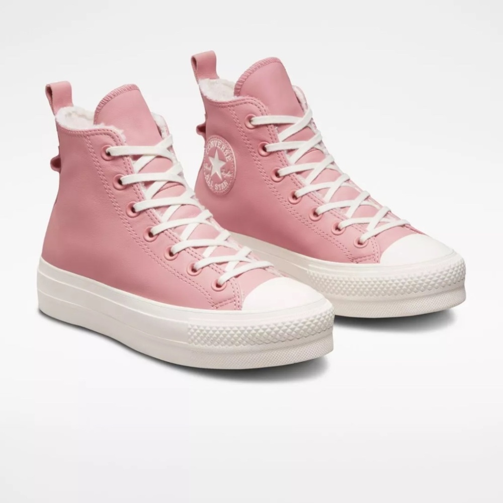 Converse Chuck Taylor Lift Hi Leather Sneakers with Borg Lining in Pink